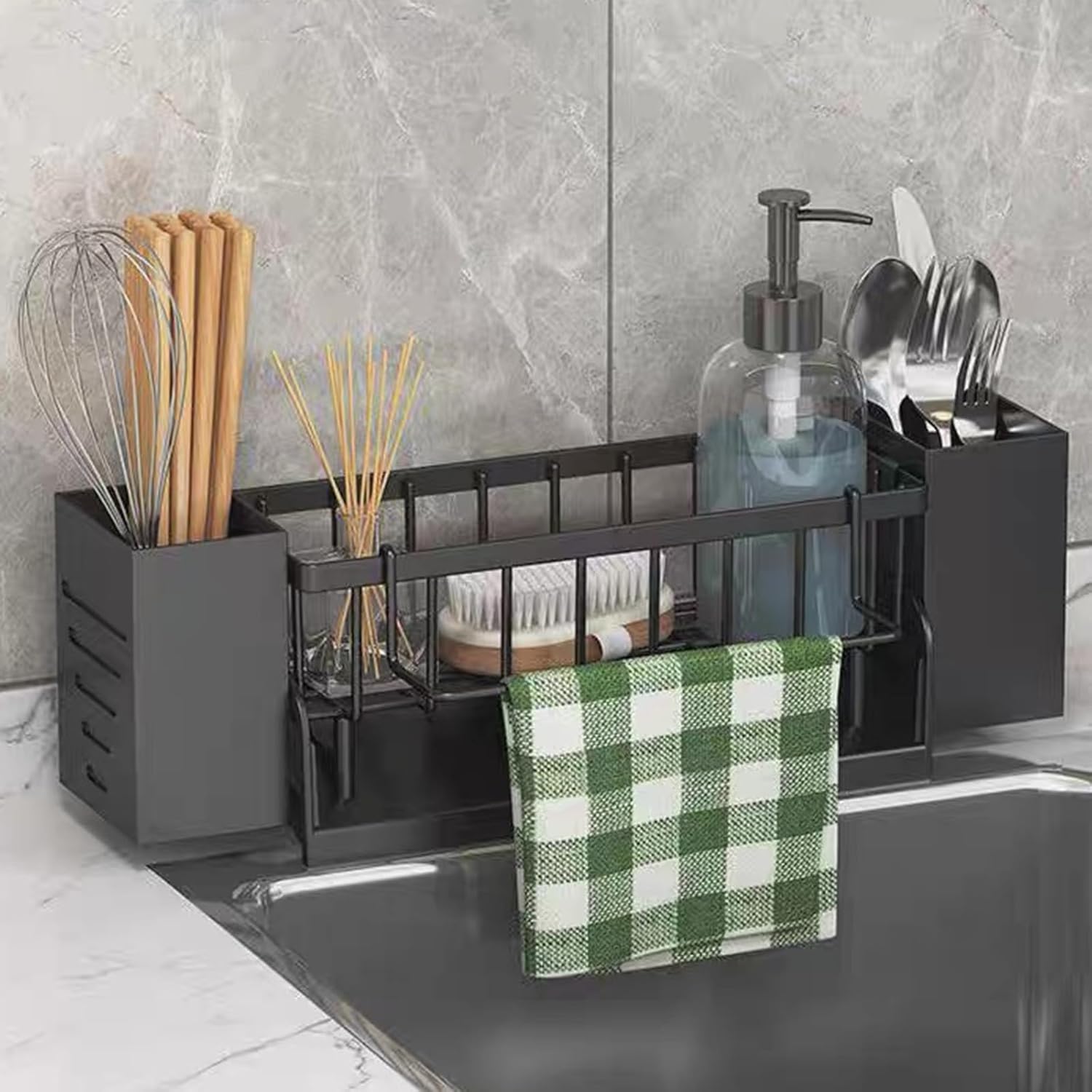 Haengender Spuelbecken Organizer schwarz Schwammhalter Spueltuchhalter ohne Bohren