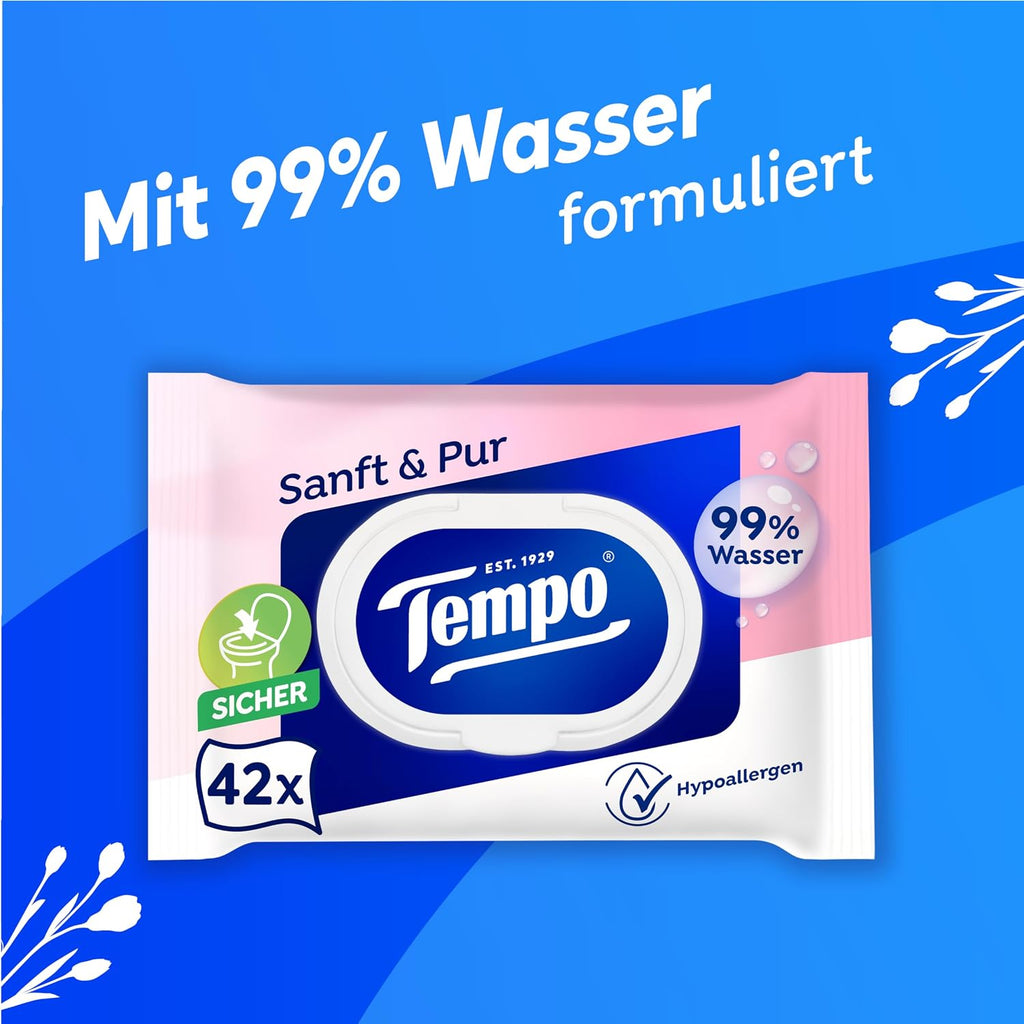 Tempo Feuchte Toilettentuecher Sanft & Pur 16 x 42 Stueck, pH-hautneutral, dermato