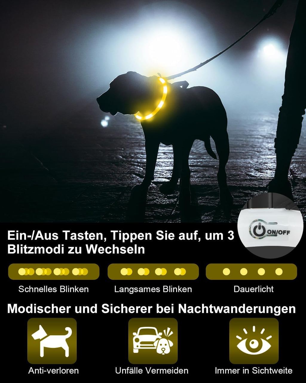 Joytale LED Leuchthalsband USB aufladbar Rosa - 3 Modi fuer kleine bis grosse Hund