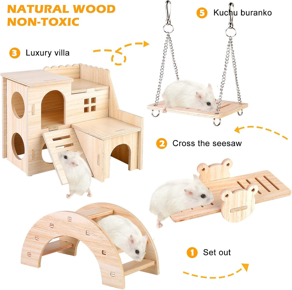 6x Hamster Holzspielzeug Set Haus Brücke Wippe Käfigzubehör