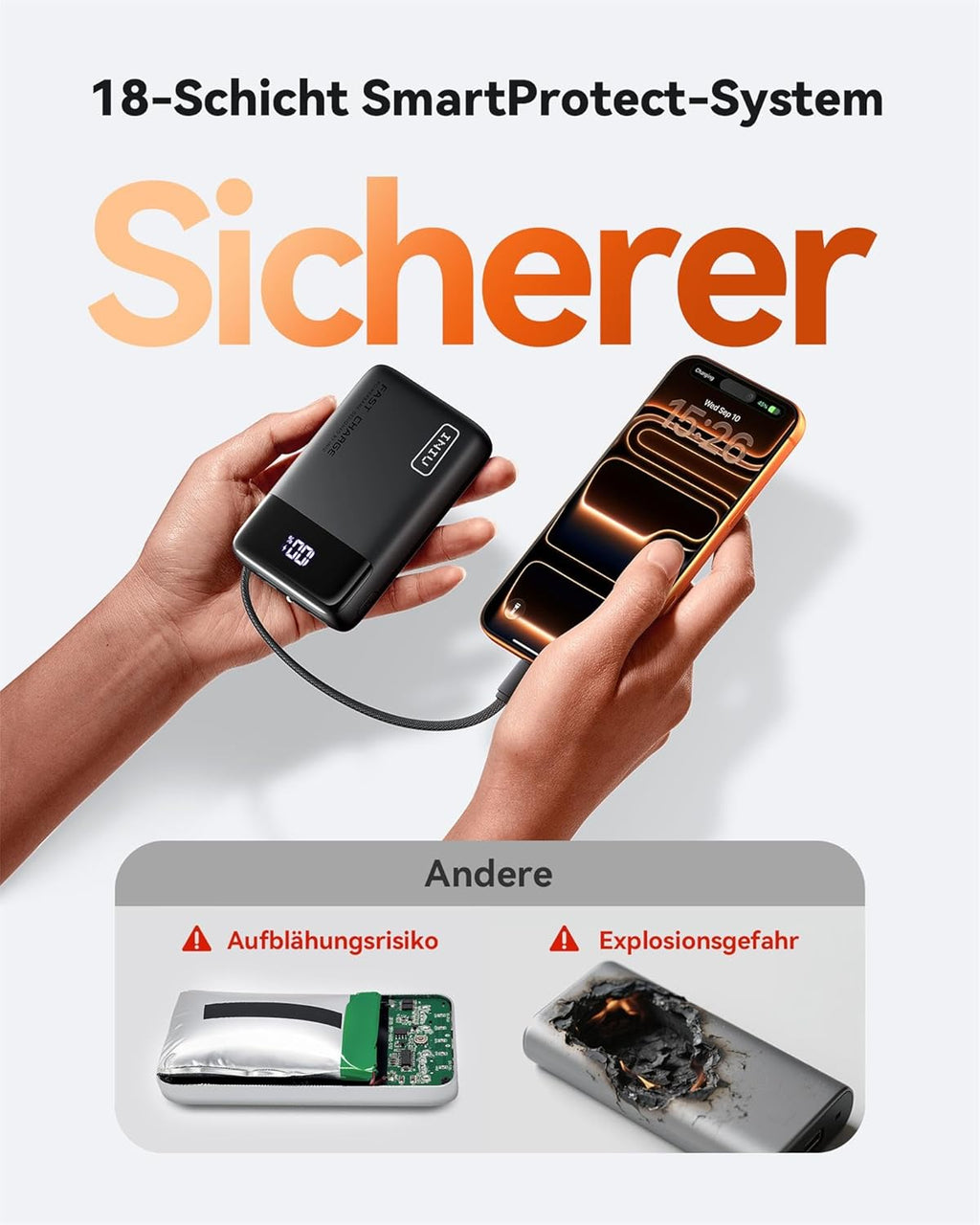 INIU 45W Power Bank 20000 mAh mit integriertem USB‑C Kabel Schnellladen