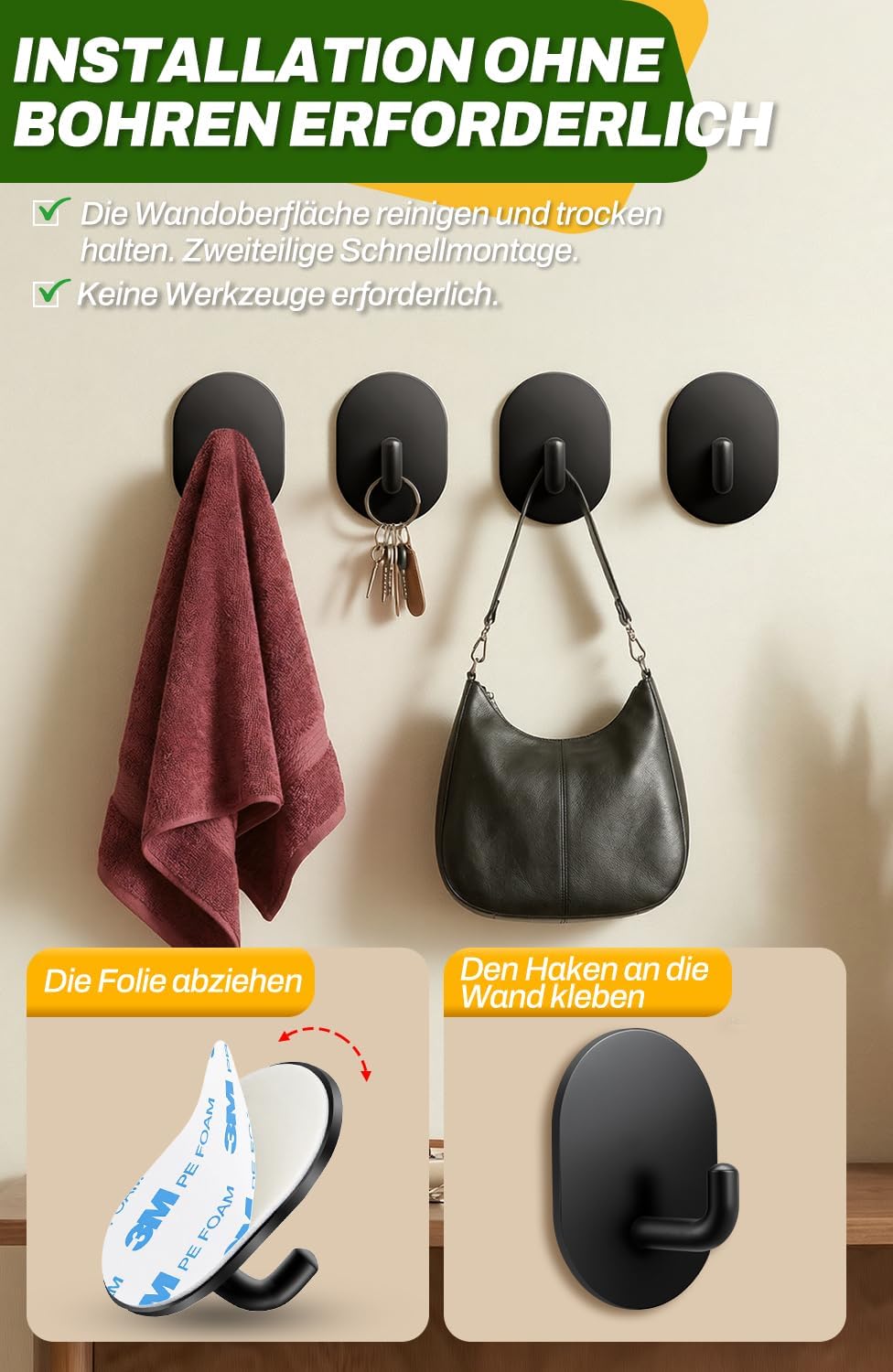 Handtuchhaken 6er Set Edelstahl schwarz selbstklebend fuer Bad Kueche