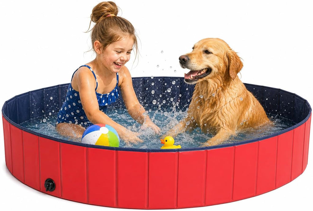 lionto Hundepool faltbar Ø 160 cm Hoehe 30 cm PVC kratzfest Anti-Rutsch Blau/Rot