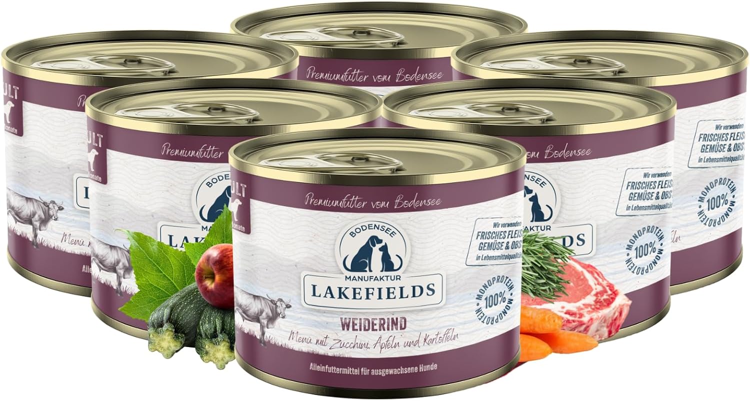 Lakefields Hundefutter Nass Rind 61% 6 x Getreidefrei mit Obst & Gemuese 200