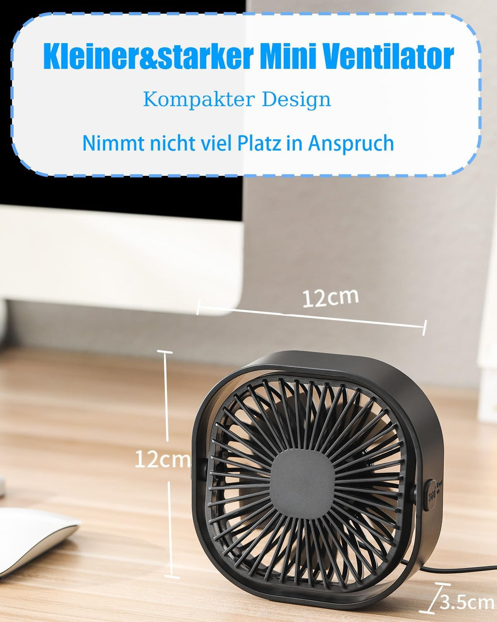 benpen Mini USB Tischventilator leise 3 Stufen, kompakt fuer Schreibtisch