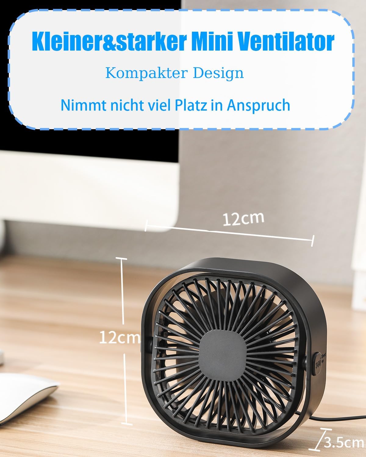 benpen Mini USB Tischventilator leise 3 Stufen, kompakt fuer Schreibtisch