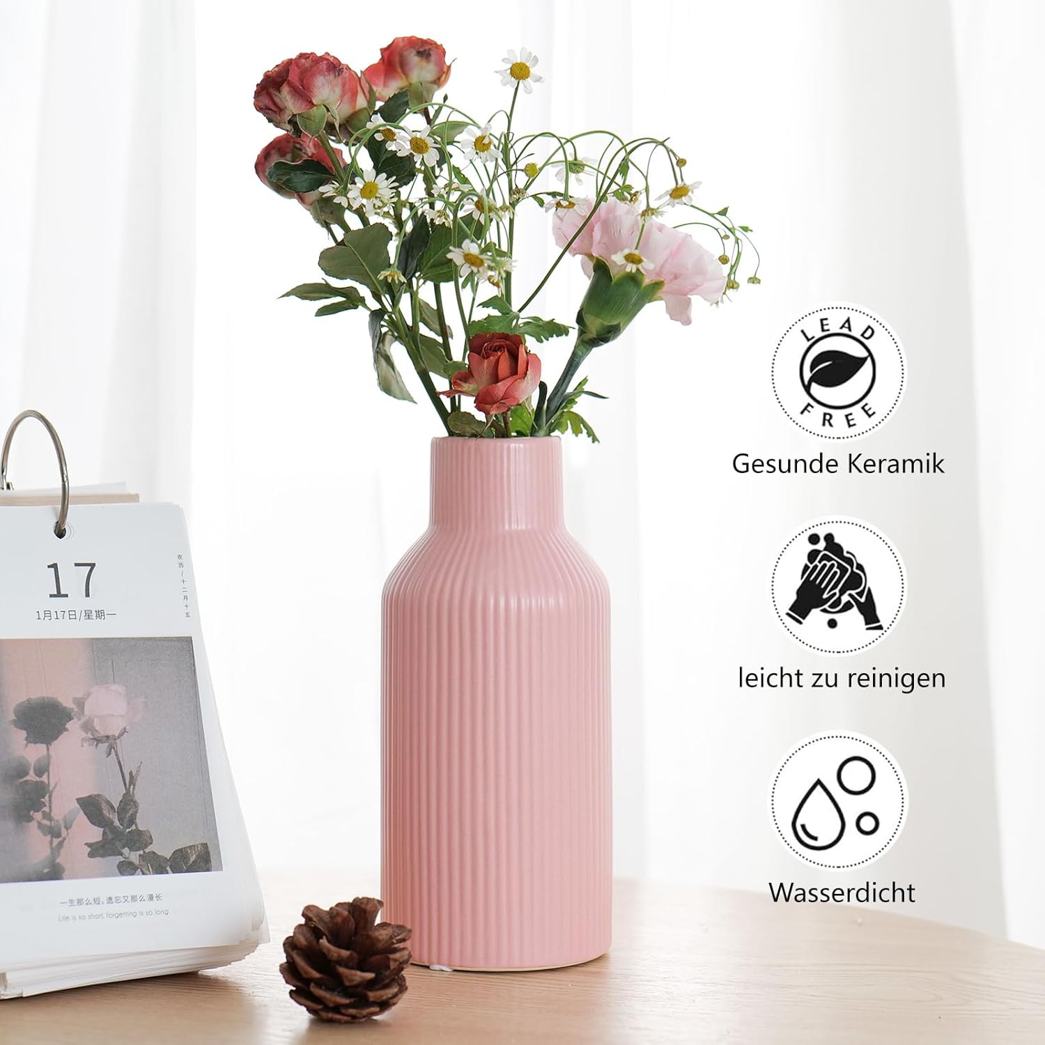 Keramikvase 20 cm matt weiss rund - Moderne Boho Deko fuer Pampasgras