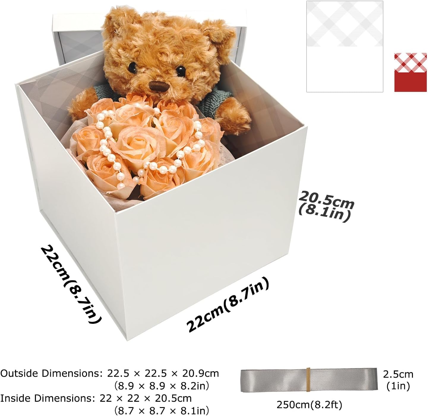 Tekhoho Geschenkbox Weiss 22x22x20,5 cm mit kariertem Innenfutter