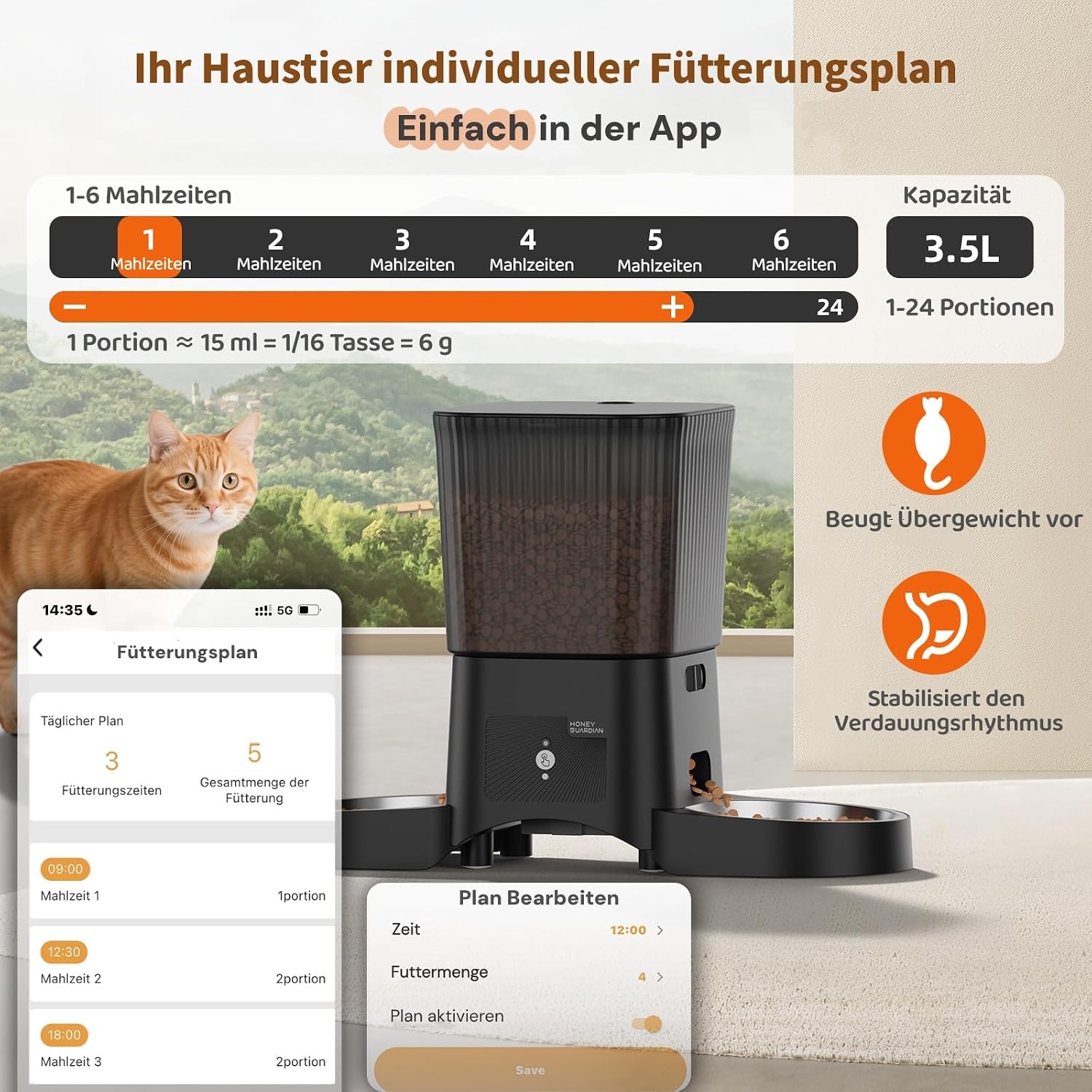 HoneyGuardian Futterautomat Katze mit WLAN App Steuerung und 6 Mahlzeiten