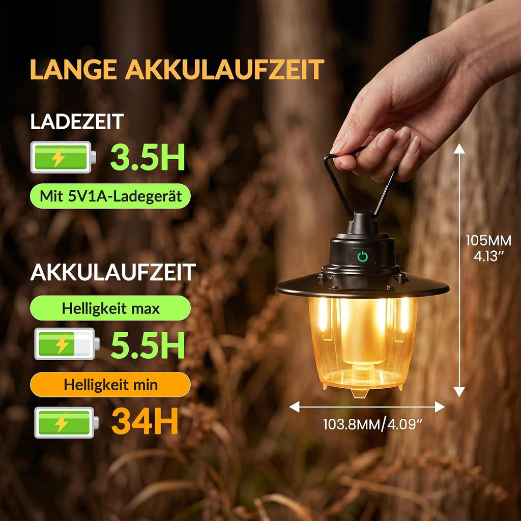 Aufladbare Retro Camping-Haengeleuchte, dimmbar 3 Modi, wasserdicht, schwarz