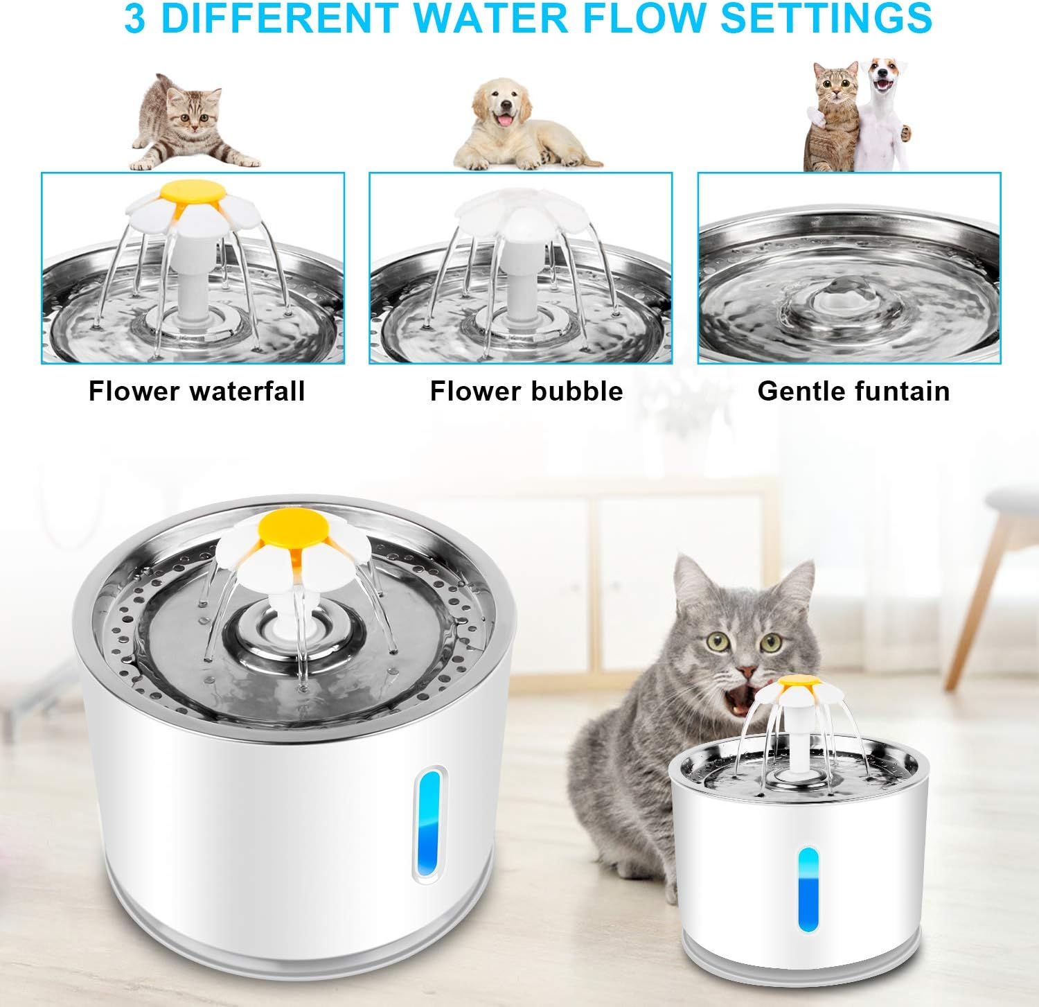 Katzen Trinkbrunnen 2,4L mit Aktivkohlefilter Wasserstandsanzeige LED und 3 Modi