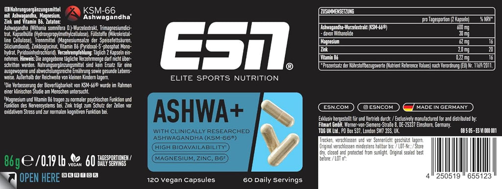 ESN Ashwa+ Ashwagandha KSM‑66 120 Kapseln mit Magnesium B6 Zink 86g