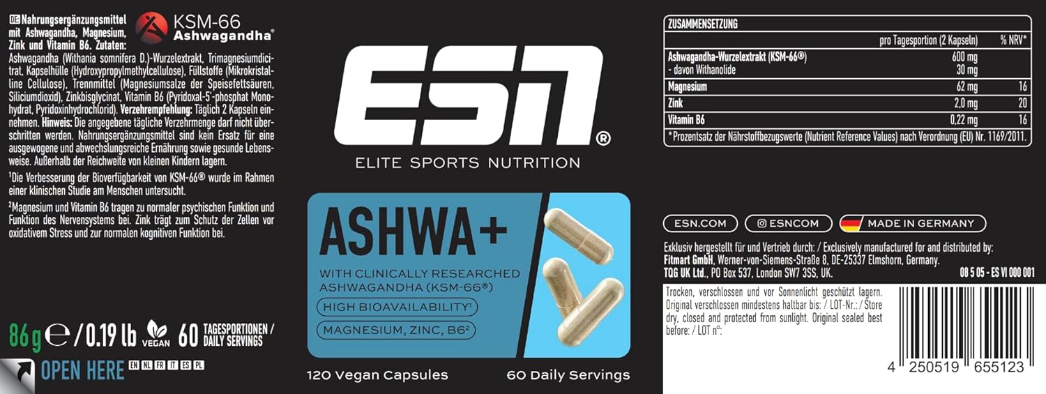 ESN Ashwa+ Ashwagandha KSM‑66 120 Kapseln mit Magnesium B6 Zink 86g