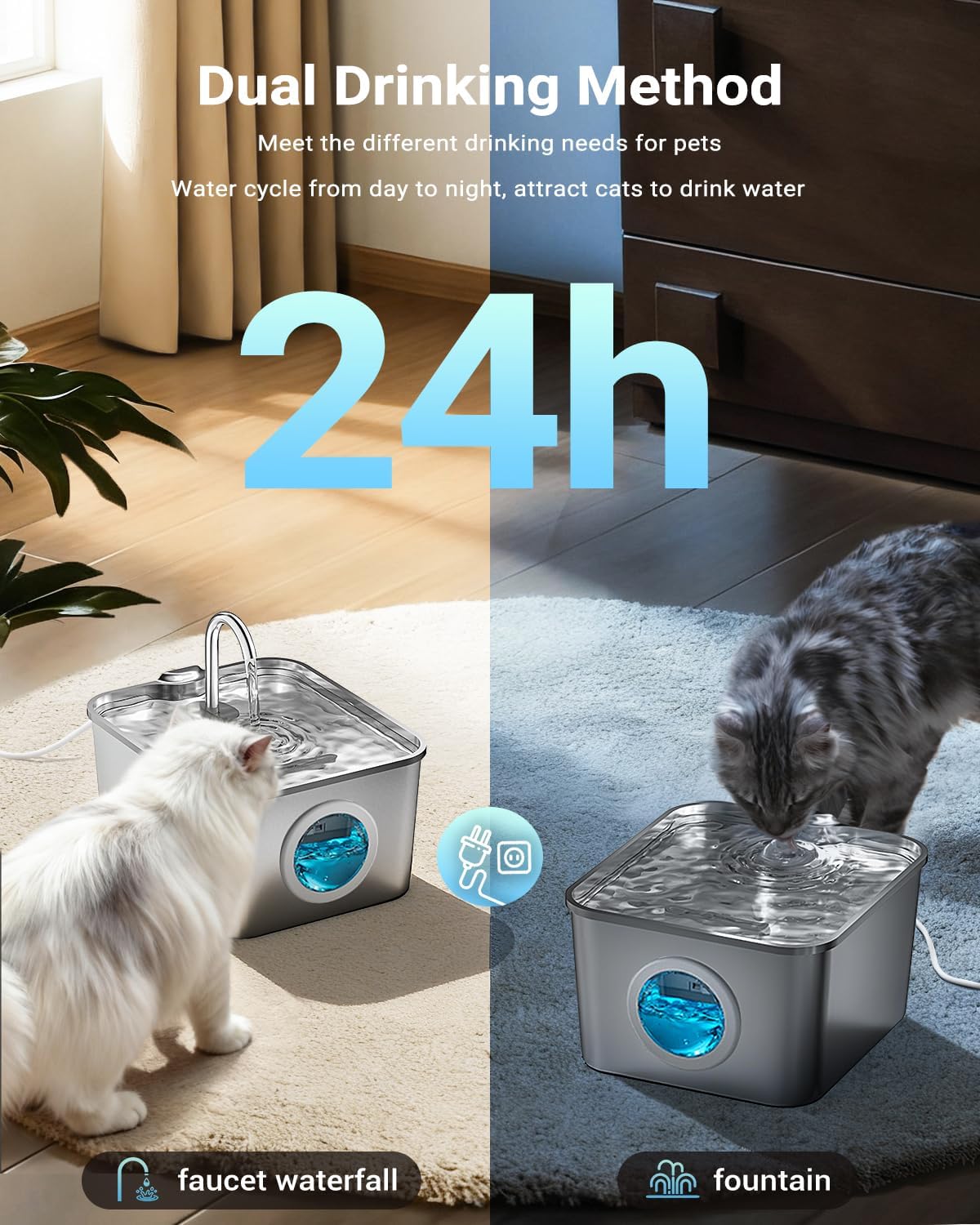 Katzenbrunnen Edelstahl leiser Trinkbrunnen mit LED Wasserstand Aktivkohlef