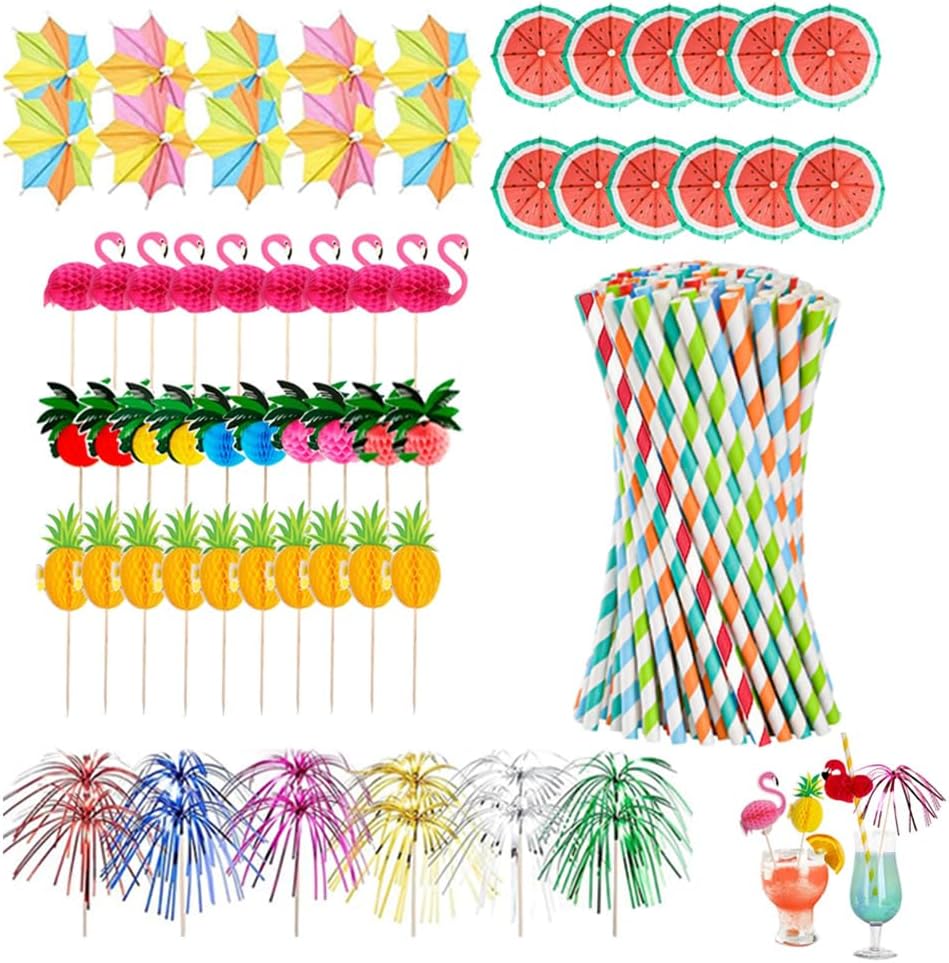 80-teiliges Cocktail Deko-Set Schirmchen Strohhalme Wunderkerzen