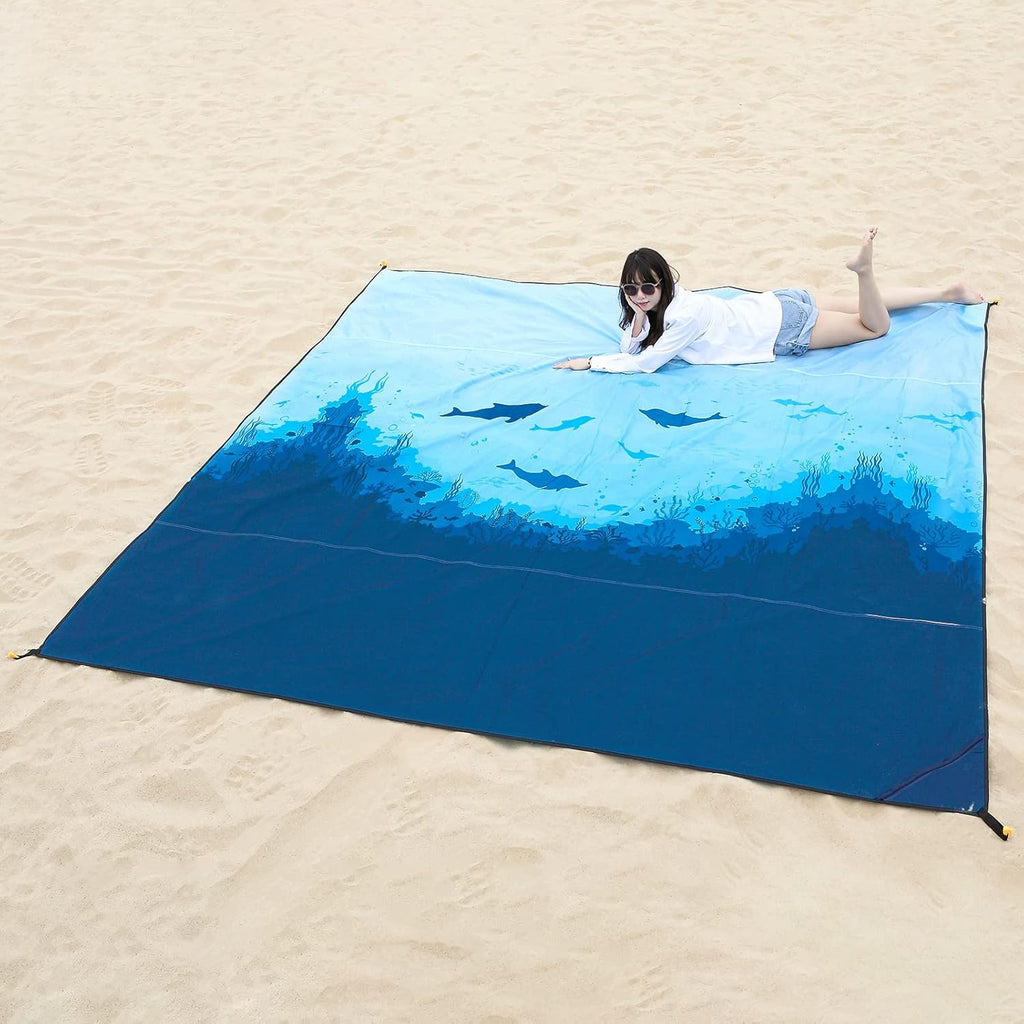 DEWUR Stranddecke sandfrei XXL 210x200 cm wasserdicht Picknickdecke Sea Fish
