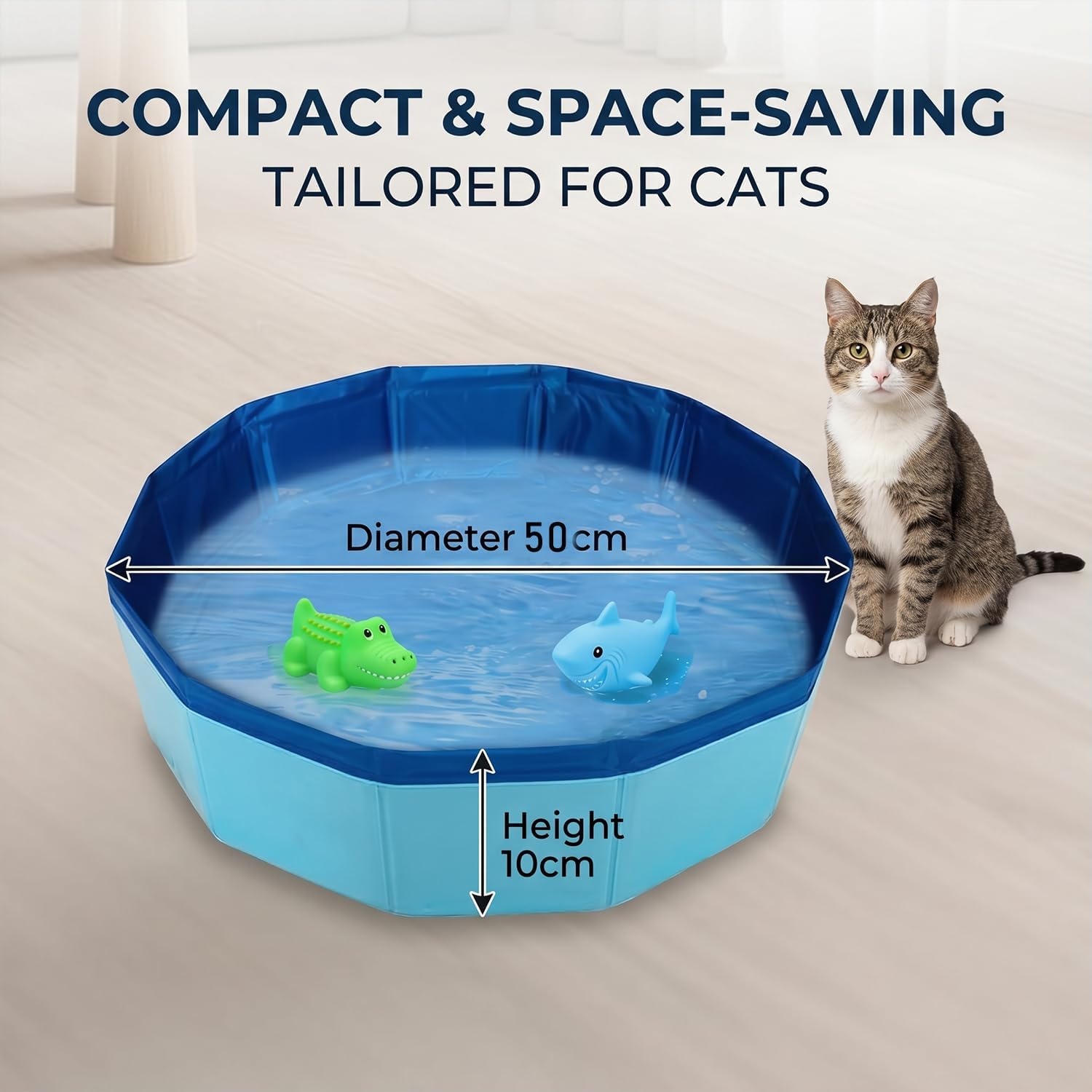 Faltbarer Katzenpool 50×10 cm mit 6 Schwimmspielzeugen, tragbar fuer Hunde