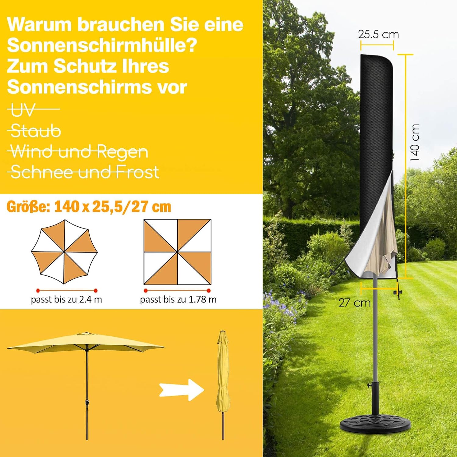 Reinalin Schutzhuelle fuer Sonnenschirm mit Stab 175×30,5/36,5 cm 27cm-50cm