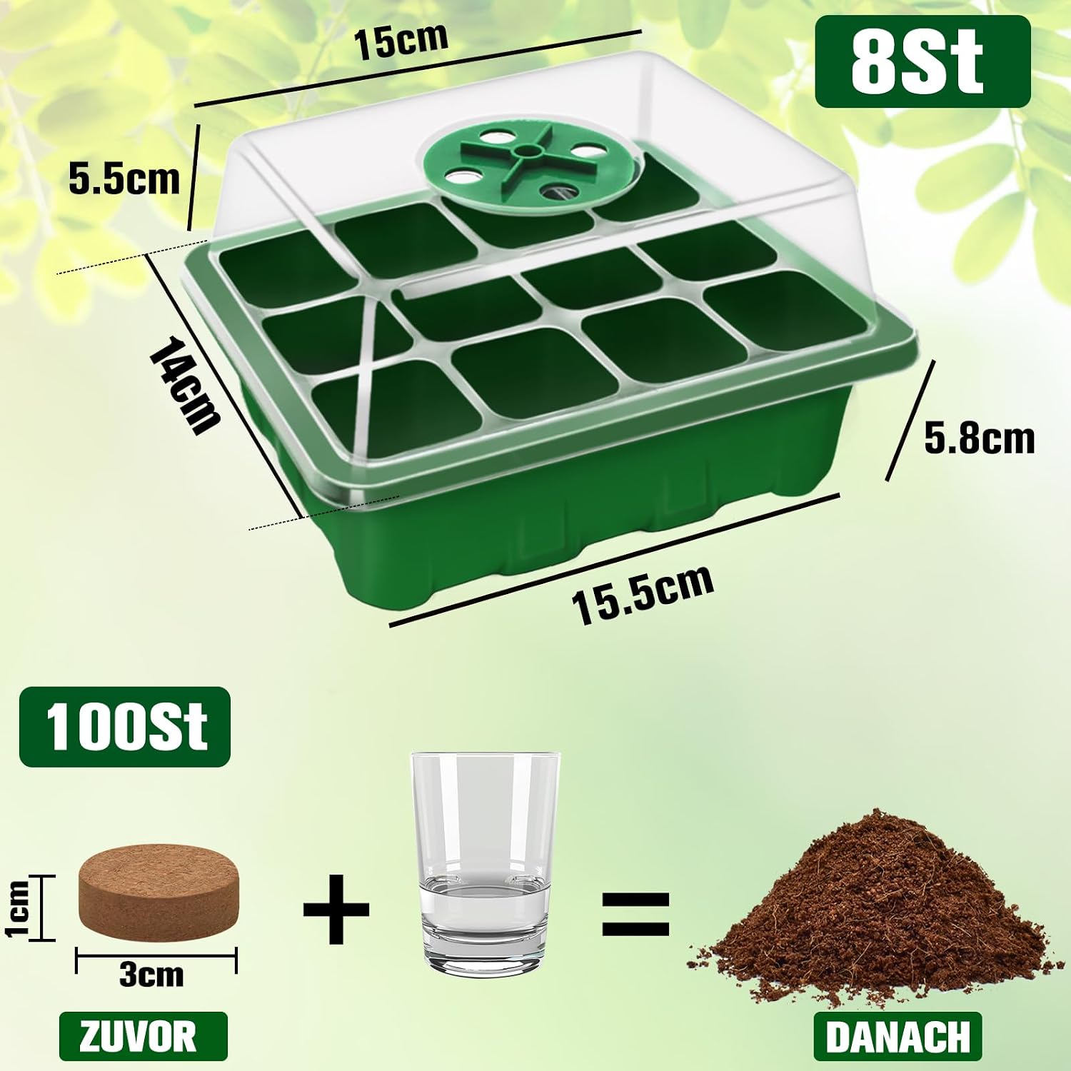 Zimmergewaechshaus Anzuchtkasten 48 Zellen mit Kokos Quelltabletten, 4er Set
