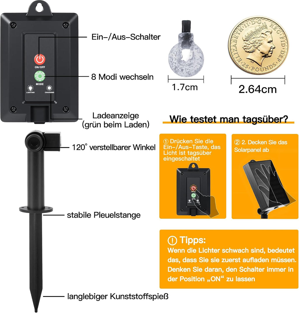 Ollny Solar Lichterkette Aussen 5 m 30 LED IP65 warmweiss 8 Modi fuer Garten