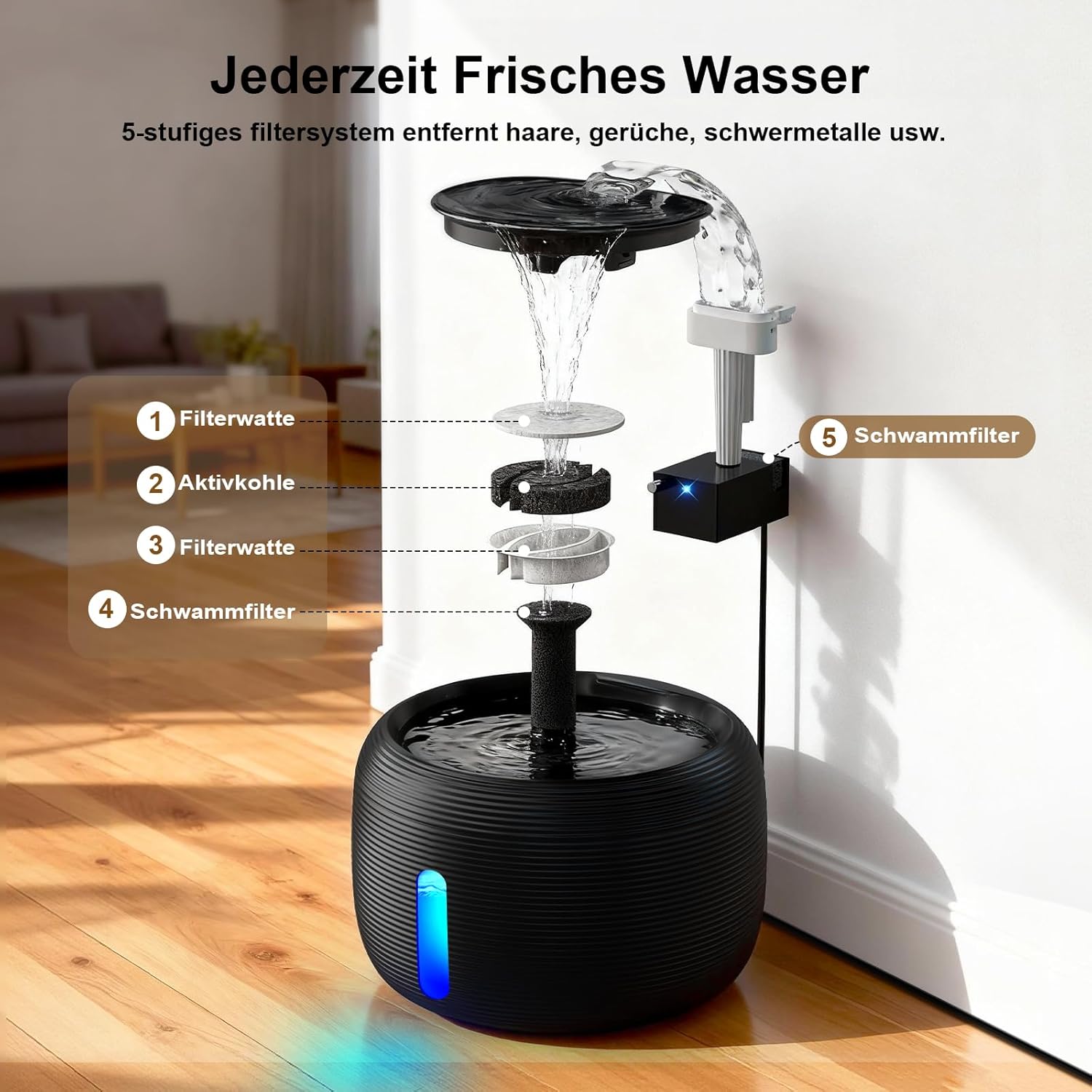 SIBAYS Katzen Trinkbrunnen mit leisem 25 dB Pumpenmotor, LED, Aktivkohlefi