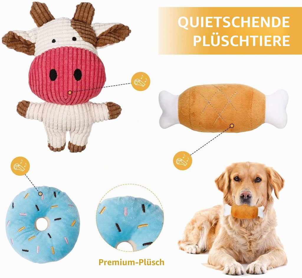 Hundespielzeug Set 7 Teile Kauspielzeug Quietschspielzeug Kuh für Welpen