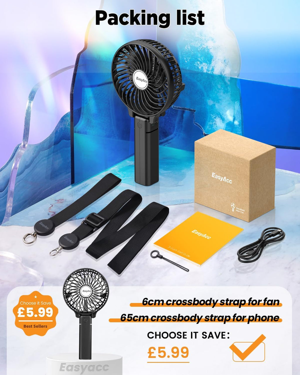 EasyAcc Mini Handventilator wiederaufladbar USB faltbar schwarz - tragbar fuer Re