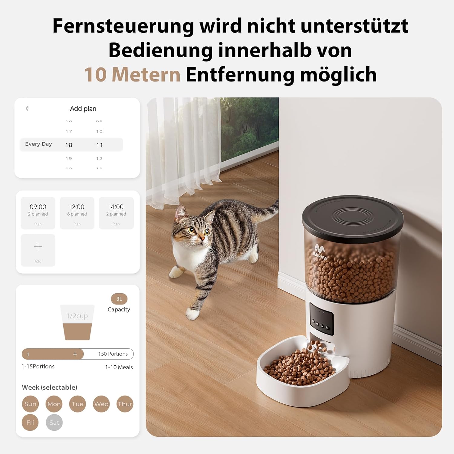 IMIPAW Futterautomat fuer Katzen 3L mit Timer fuer 1 bis 10 Mahlzeiten