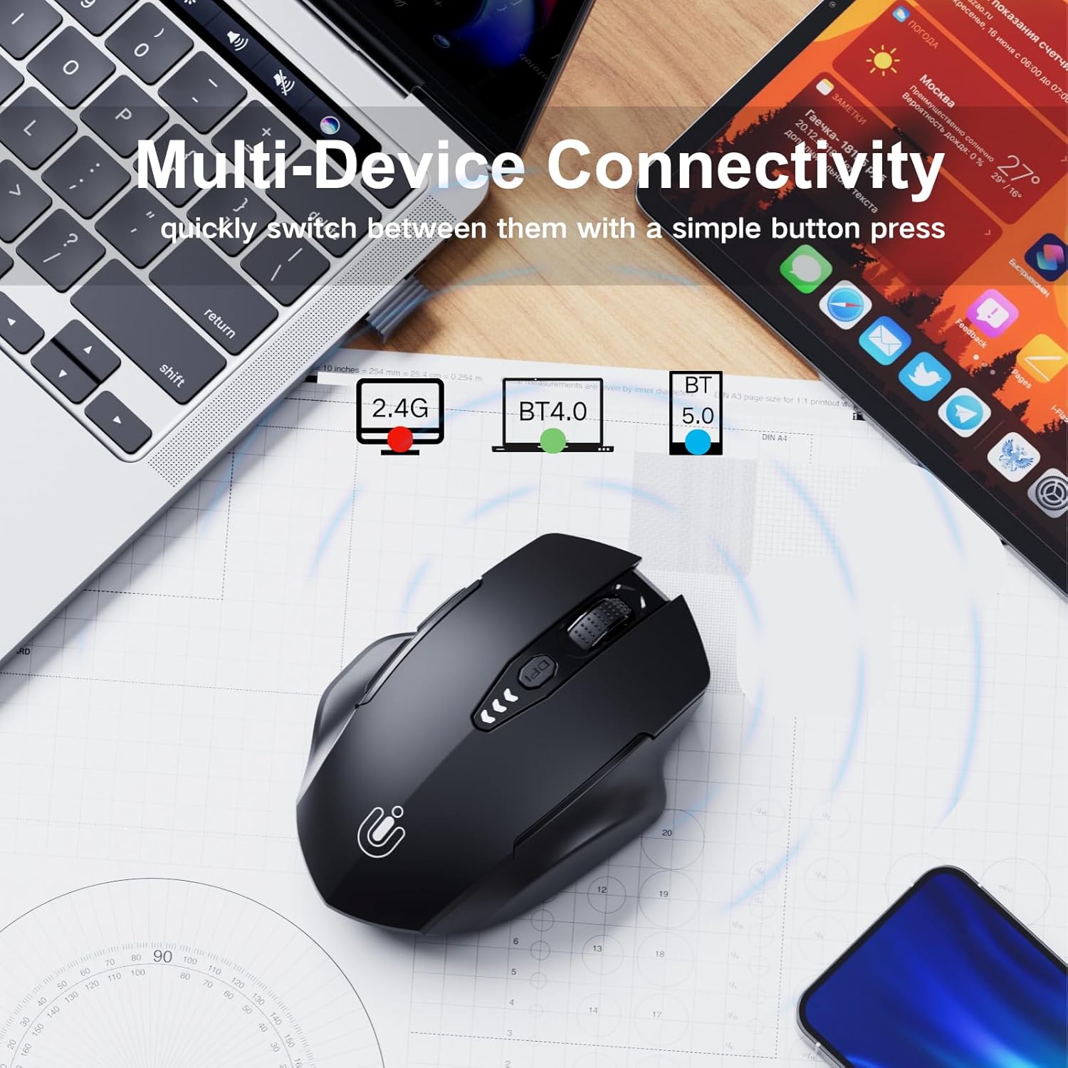 Uineer Bluetooth Maus kabellos tri‑Modus BT5.0/4.0+ ergonomisch violett