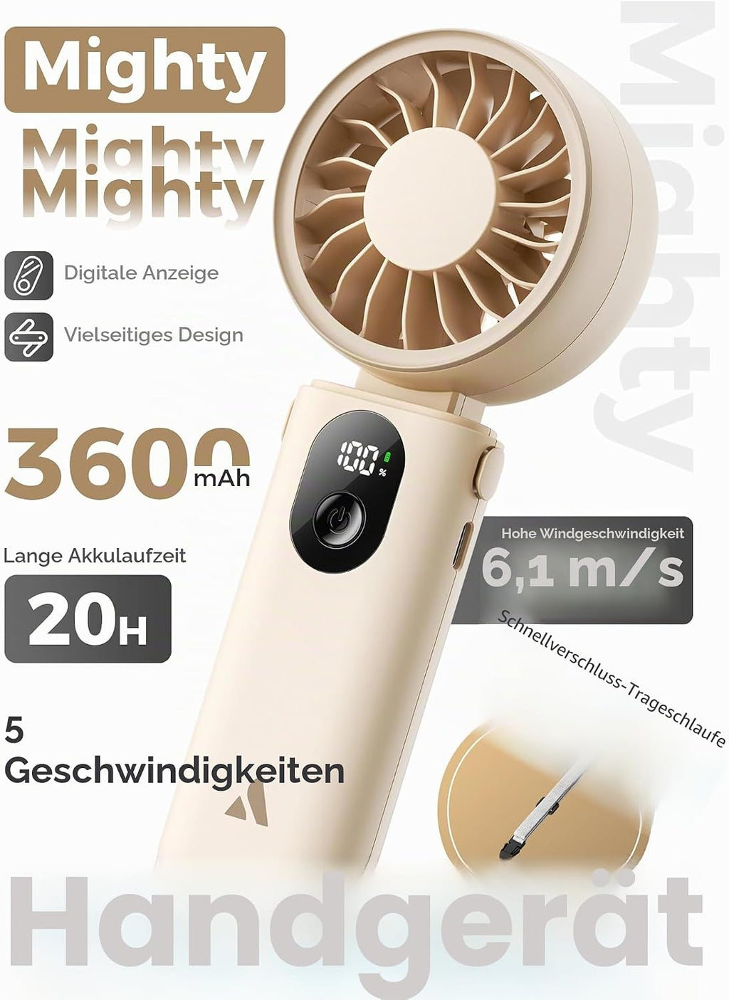 Aecooly 3‑in‑1 Handventilator USB wiederaufladbar 5 Stufen LED Anzeige Beige