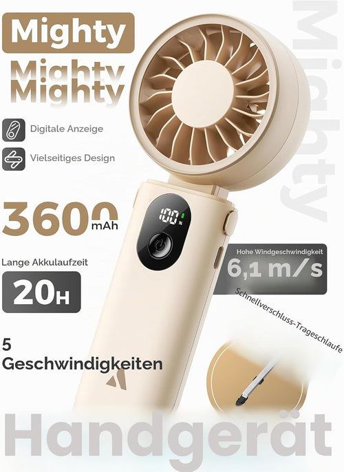 Aecooly 3‑in‑1 Handventilator USB wiederaufladbar 5 Stufen LED Anzeige Beige