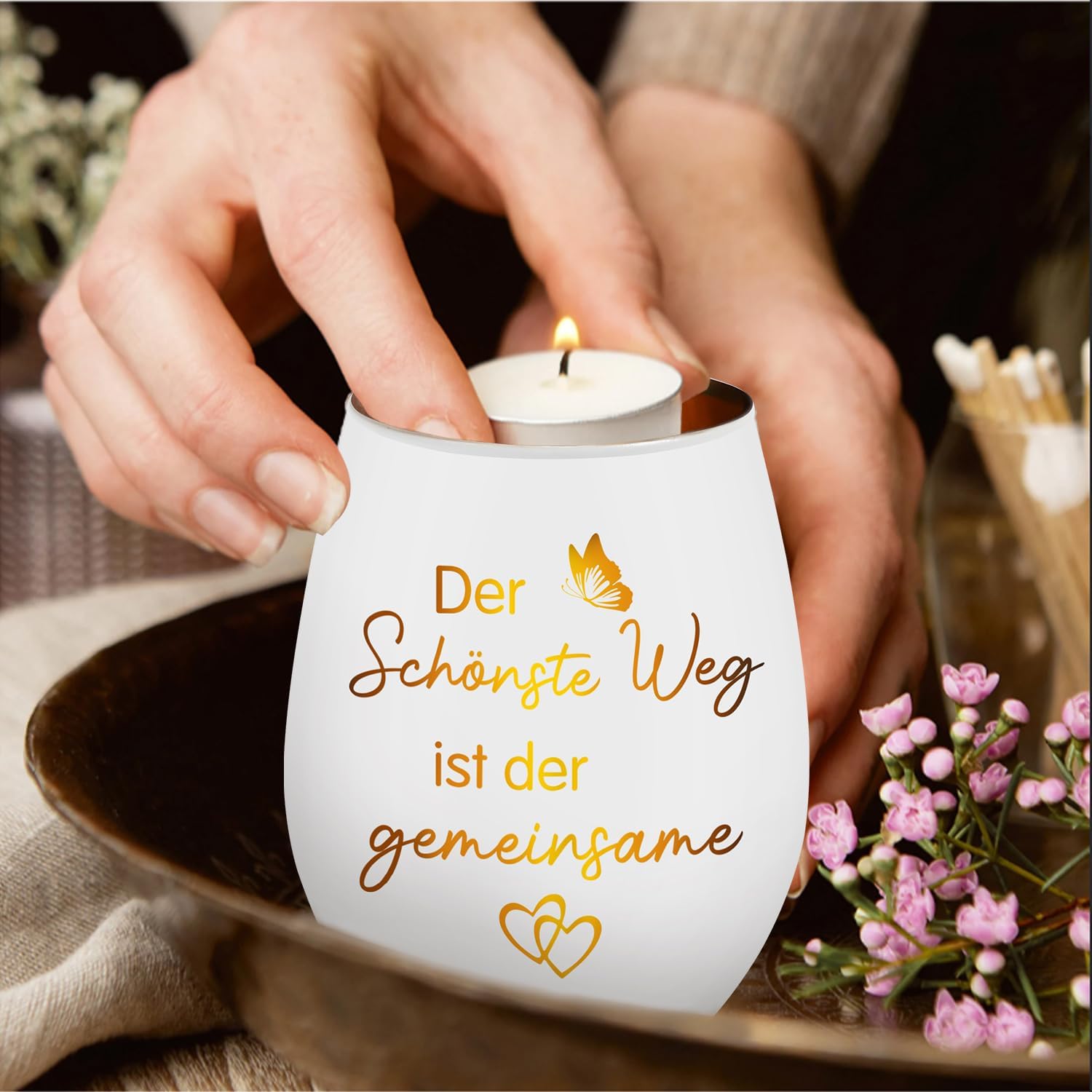 Windlicht Glas mit Gravur ‚Der schoenste Weg ist der gemeinsame‘ Geschenk Paar