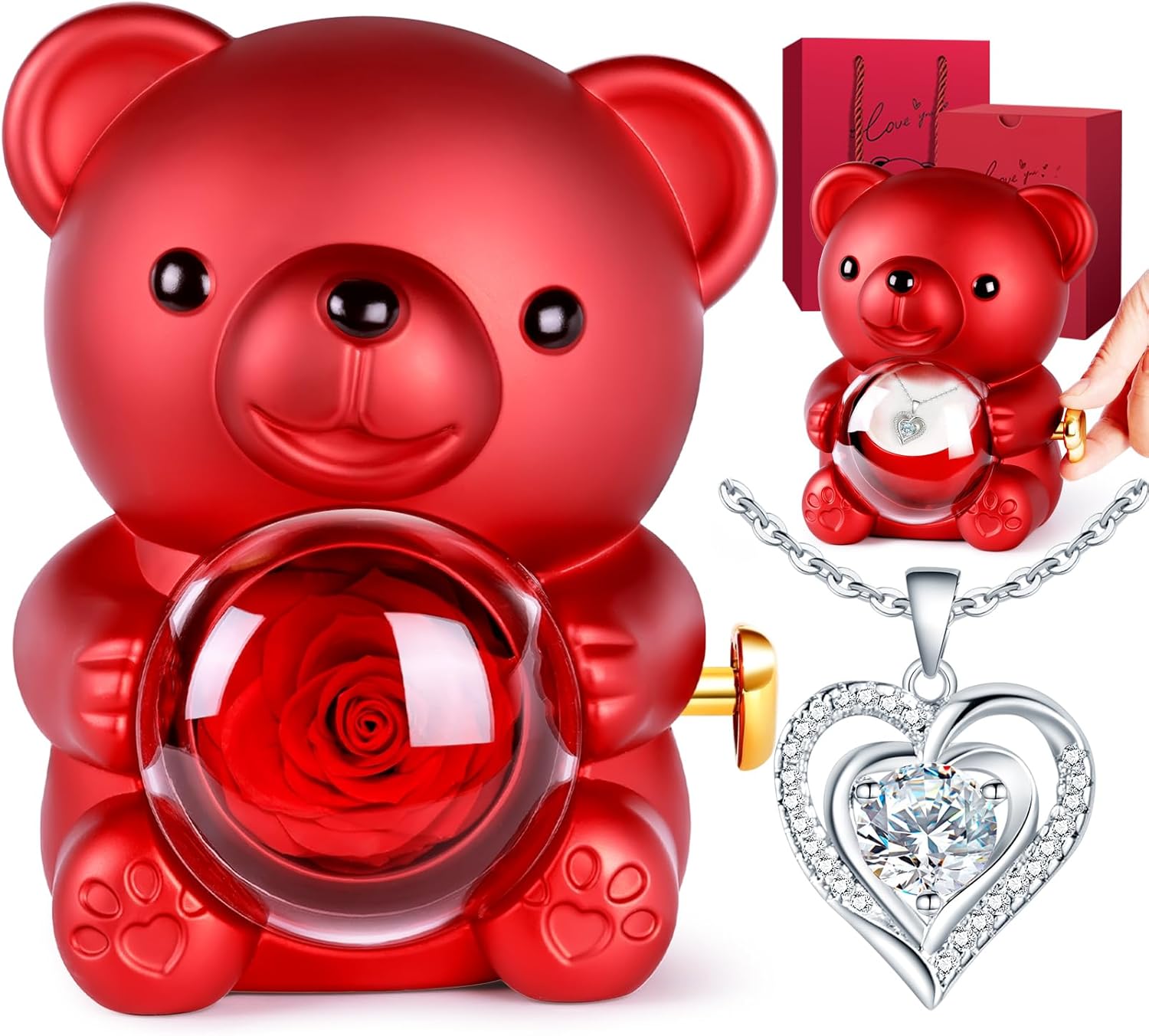 Ewige Rosen Baer mit Halskette Geschenk fuer Frauen Valentinstag Geburtstag