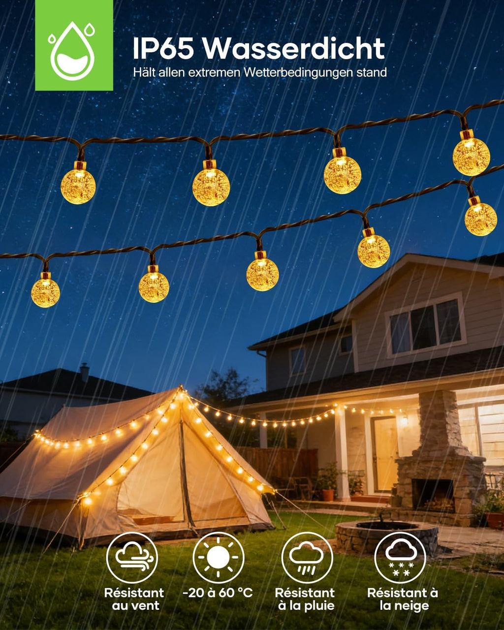 Suright Solar Lichterkette Aussen 8M 30 LED IP65 8 Modi Garten Balkon 8m-14m