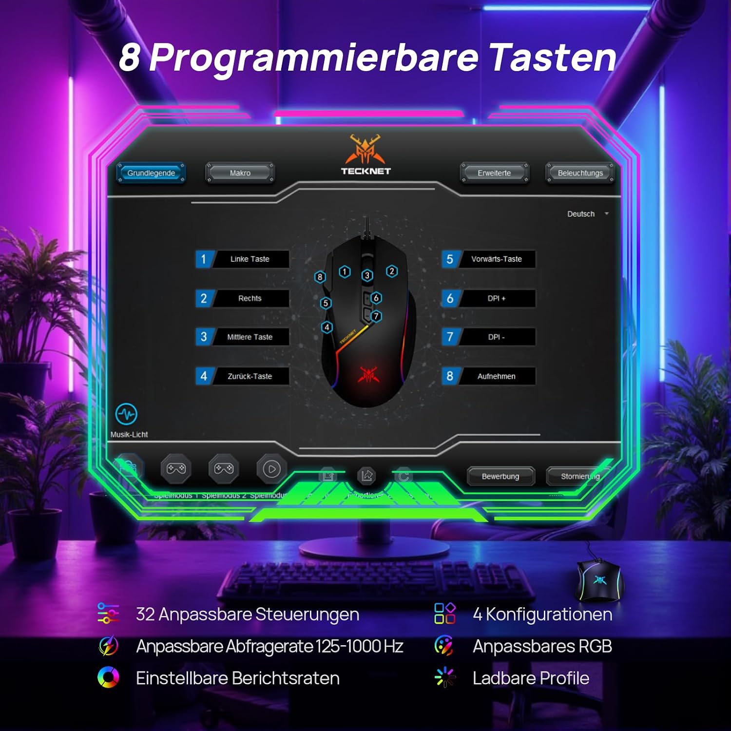 TeckNet Gaming-Maus kabelgebunden 12800 DPI RGB 8 Tasten Rechtshaender