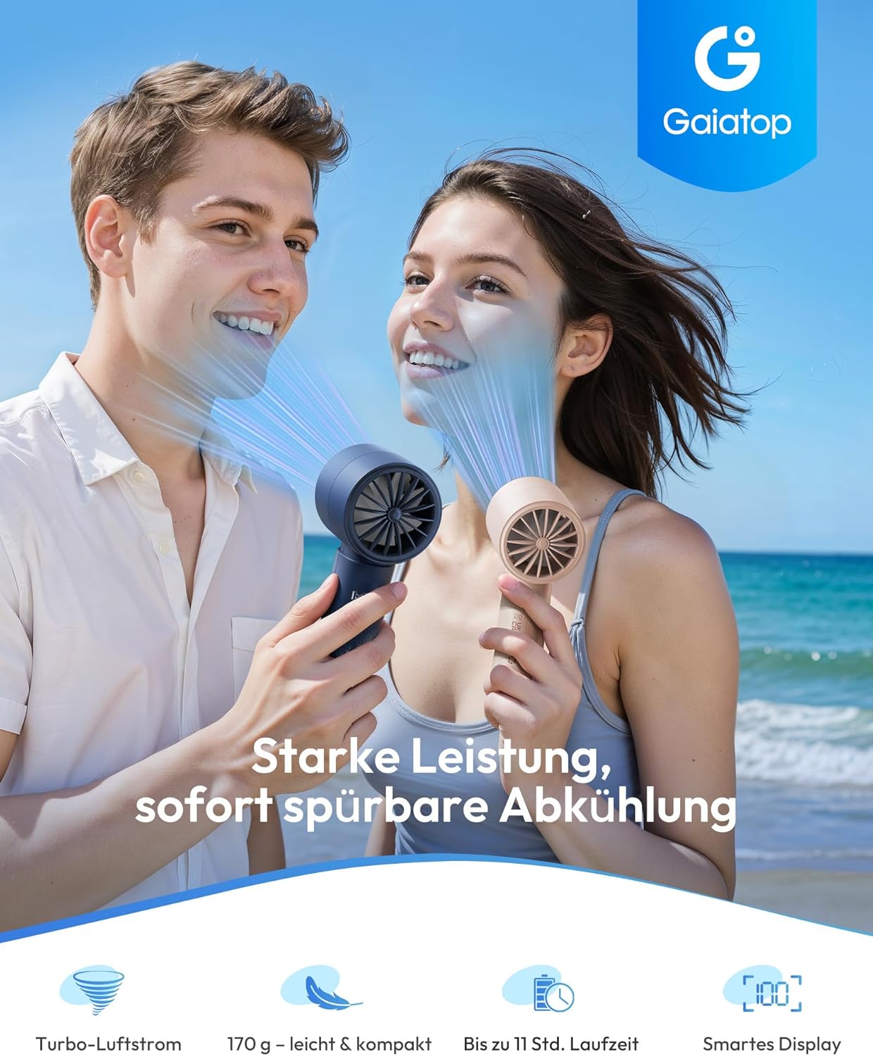 Gaiatop Handventilator Akku 100 Stufen Mini tragbar LED-Display Reise