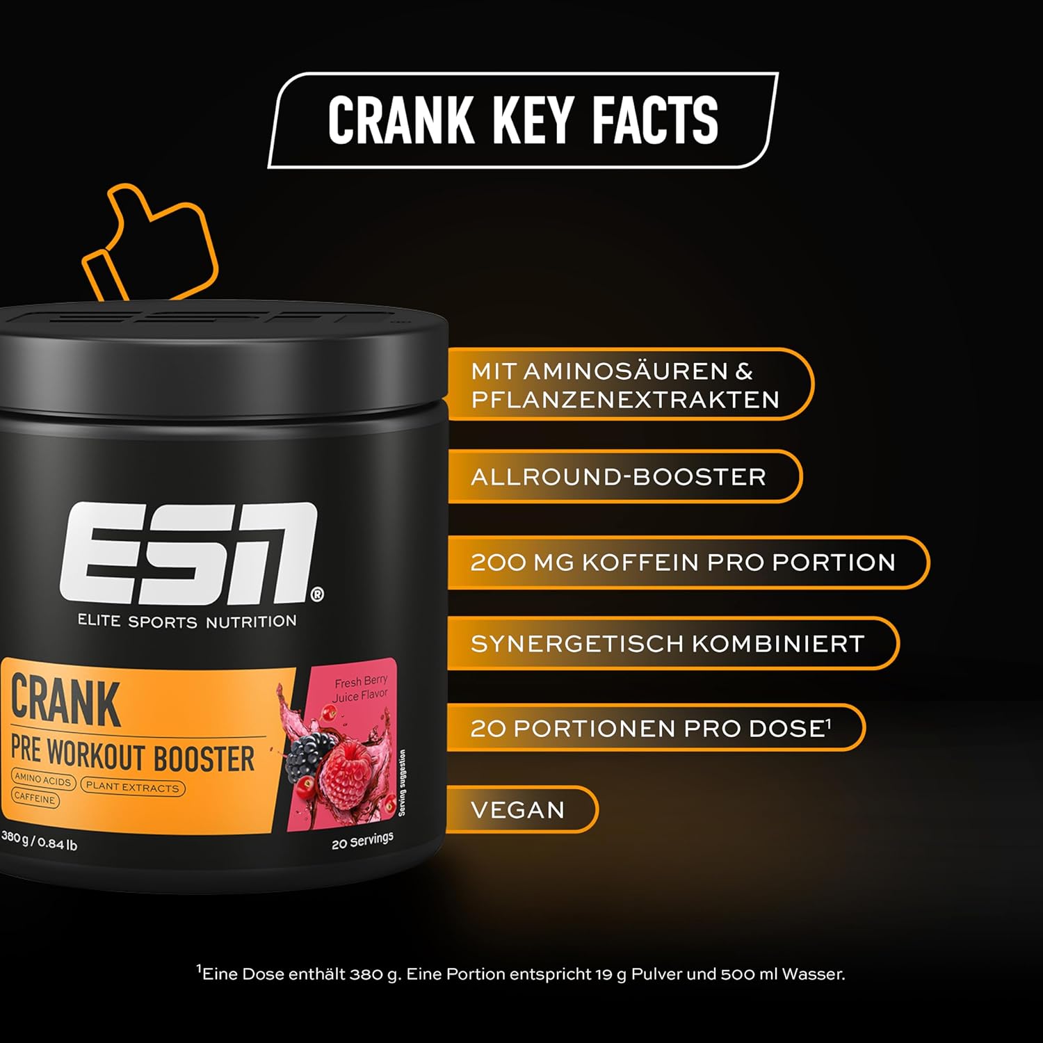 ESN Crank Pre Workout Pulver Fresh Berry Juice Koffein vegan verschiedene