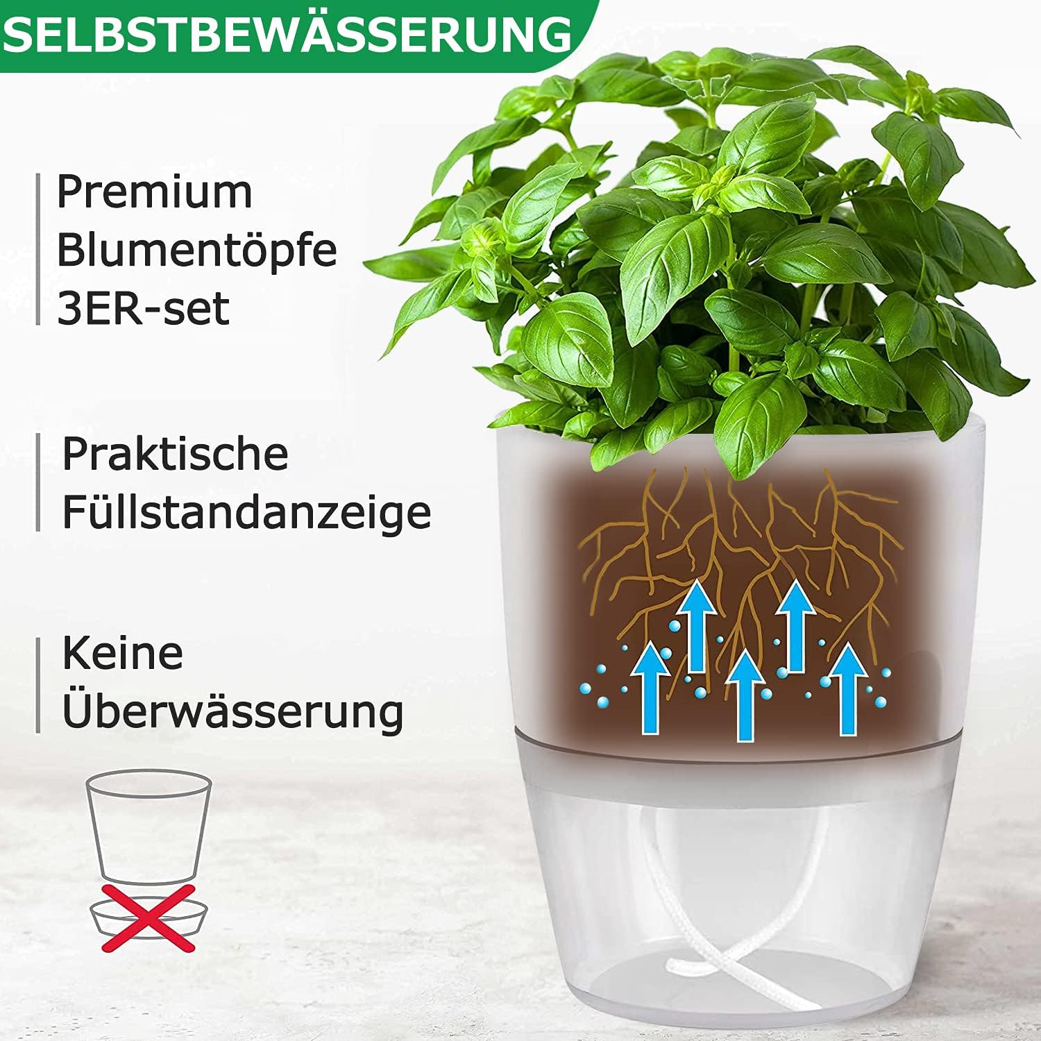 iDattel Selbstbewaessernder Kraeutertopf 3er Set Grau 18,2×11×15,3 cm