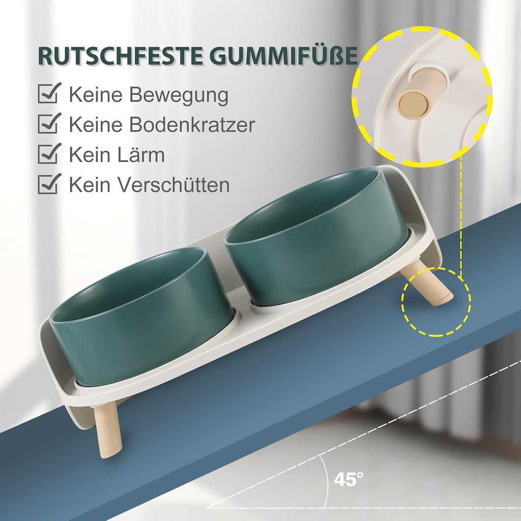 Erhoehter Keramik Hundenapf 2x720 ml mit Staender rutschfest gruen fuer Hunde Katzen