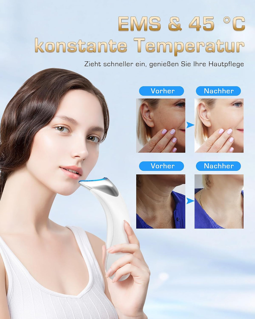 EMS Gesichtsmassagegeraet mit LED Lifting und Waerme 45°C Anti-Falten
