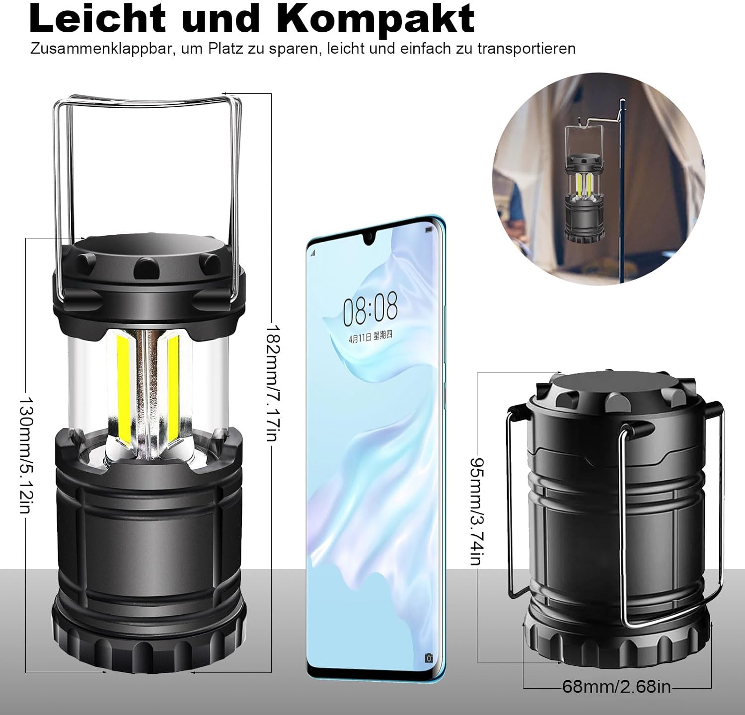Camping-Laterne batteriebetrieben 2er Set, faltbar, ultrahell, tragbar, Haengelam