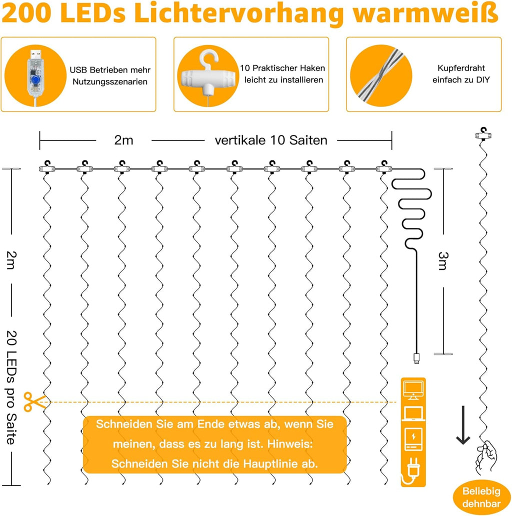 Ollny LED Lichtervorhang 2x2 m 200 LEDs warmweiss USB, Fenster Vorhang mit 10 Hak