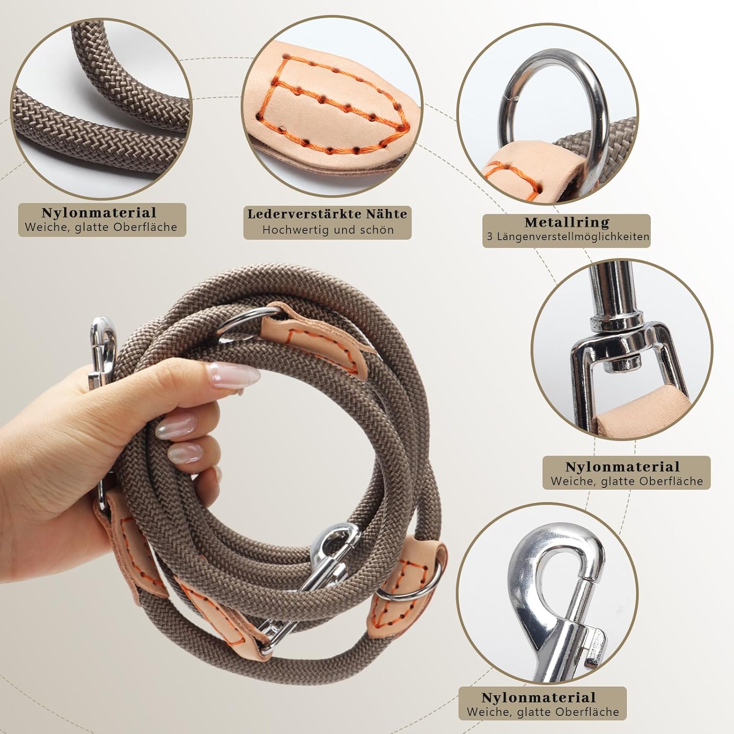 Multifunktions Hundeleine 2,1 m Nylon Beige mit 2 Karabinern fuer 2 Hunde
