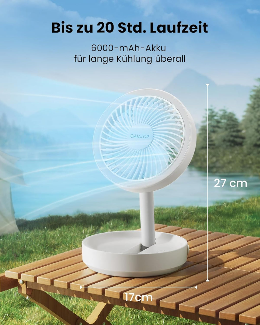 Gaiatop 17 cm Faltbarer Tischventilator 6000 mAh Akku USB leise mit Nachtlicht