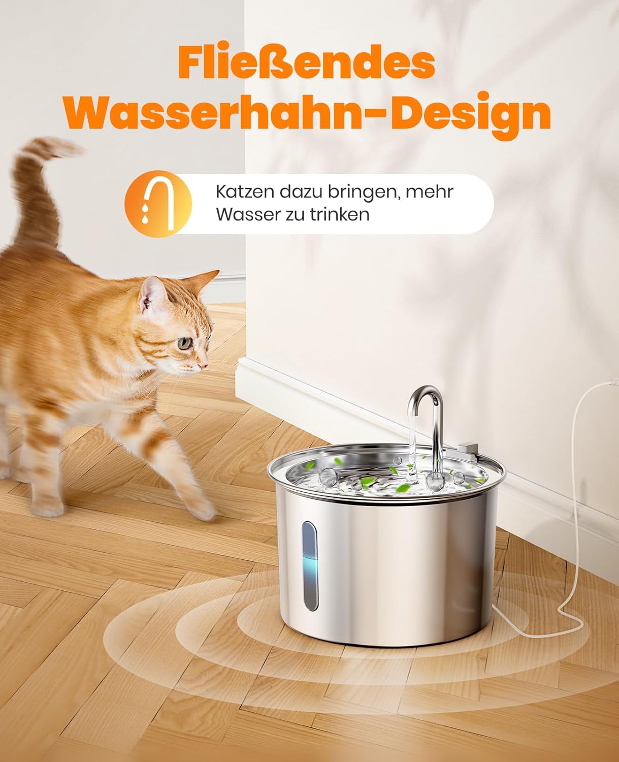 oneisall Katzenbrunnen Edelstahl leiser Trinkbrunnen mit Wasserstand LED