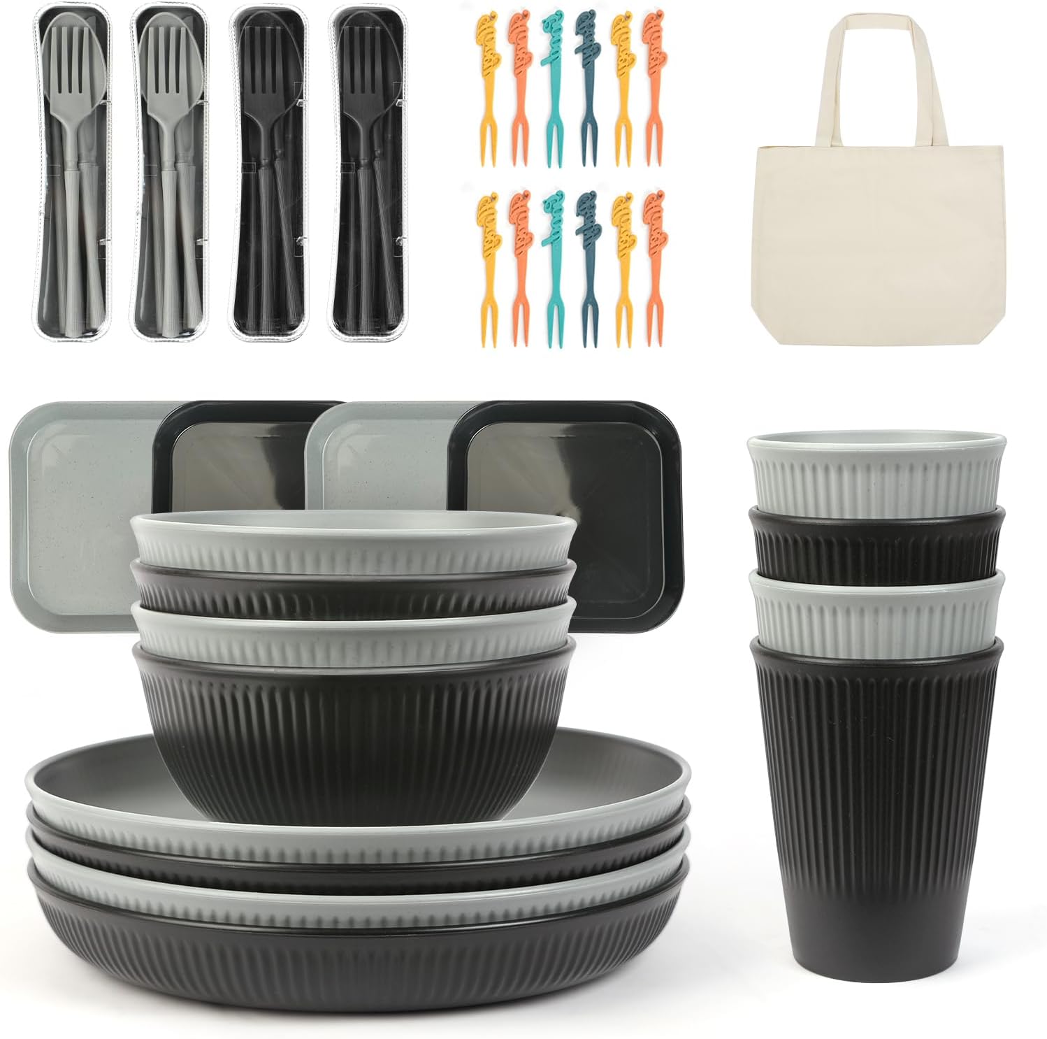 Campinggeschirr Set 49-teilig fuer 4 Personen leicht stapelbar mit Tasche