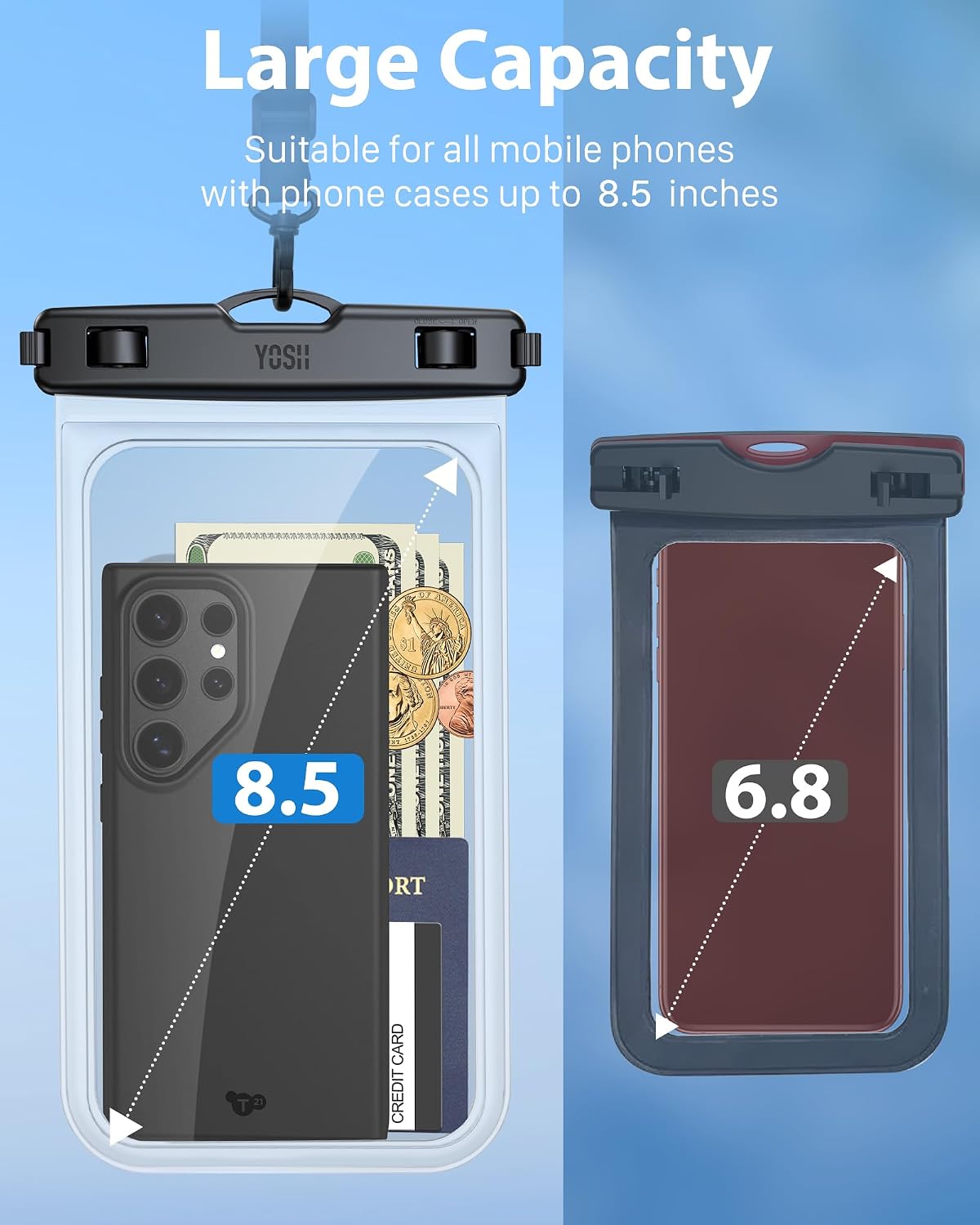 YOSH wasserdichte Handytasche bis 8,5" 2er Set fuer Bootfahren Unterwasser iPhone