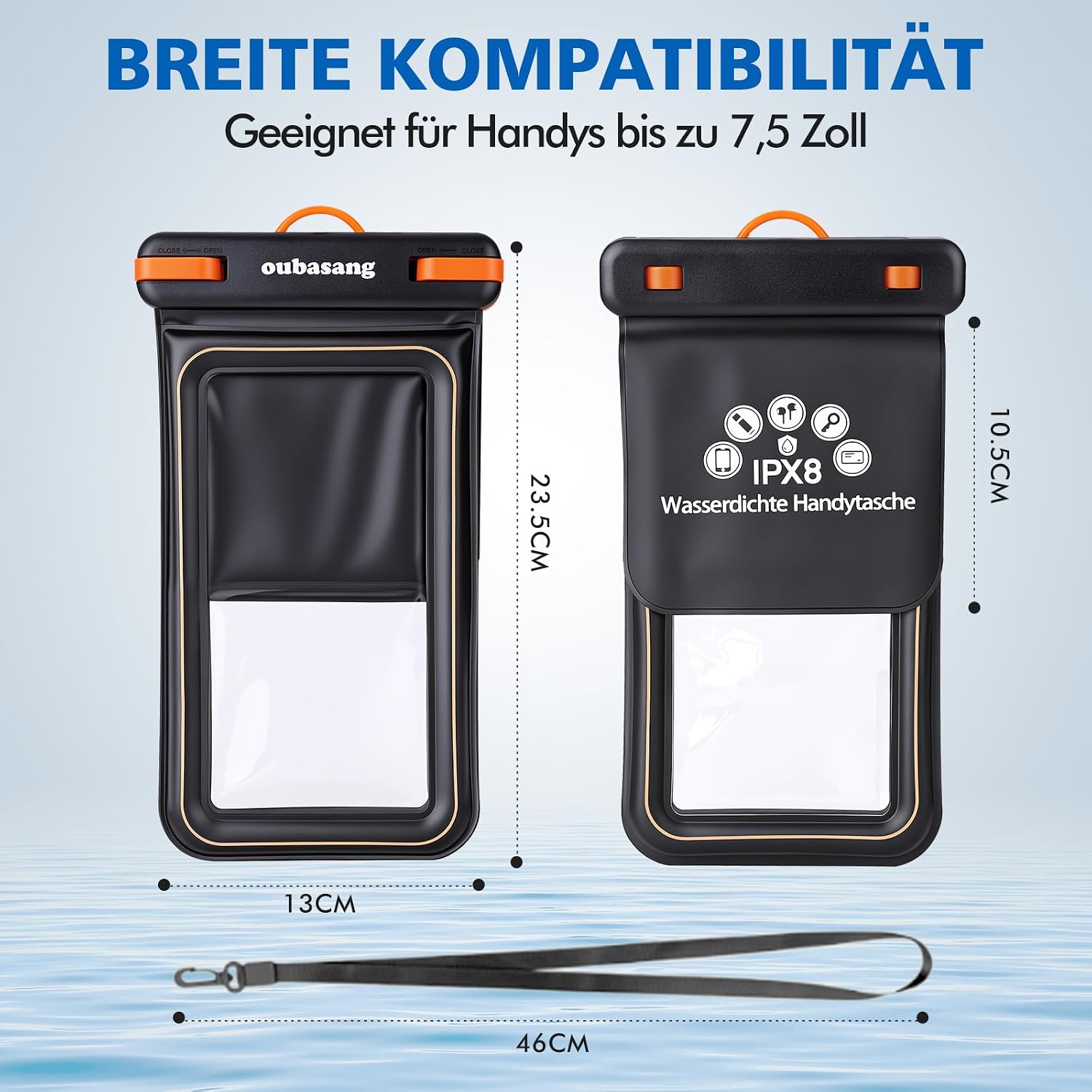 Wasserdichte Handyhuelle IPX8 bis 7,5 Zoll, doppelt wandig, hohe Auftriebskraft