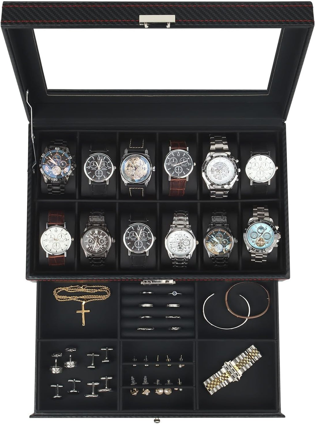 Uhren- und Sonnenbrillenbox mit Glasdeckel 6 Faecher Schmuckkasten Herren
