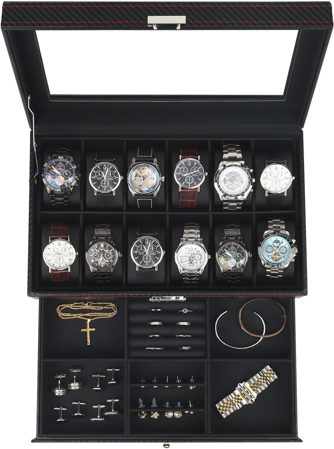 Uhren- und Sonnenbrillenbox mit Glasdeckel 6 Faecher Schmuckkasten Herren